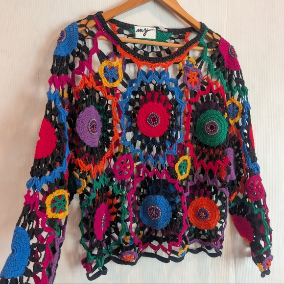 Vintage MY Sportswear Rainbow Colorful Crochet Beaded Open Knit Top Boho Hippie - Picture 10 of 10